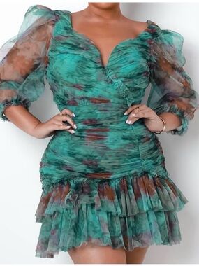 CBR Women’s Blue Turquoise Printed Ruffle Mini Dress Size M New